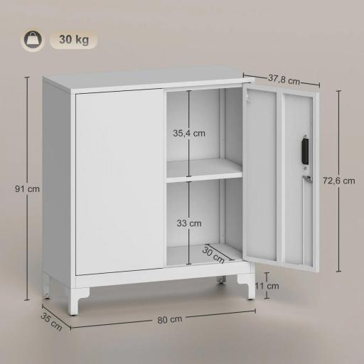 Armario Archivador Metálico con 2 Puertas Cerradura Estante Fácil Montaje para Oficina Estudio Garaje 80x35x91 cm Blanco [1]