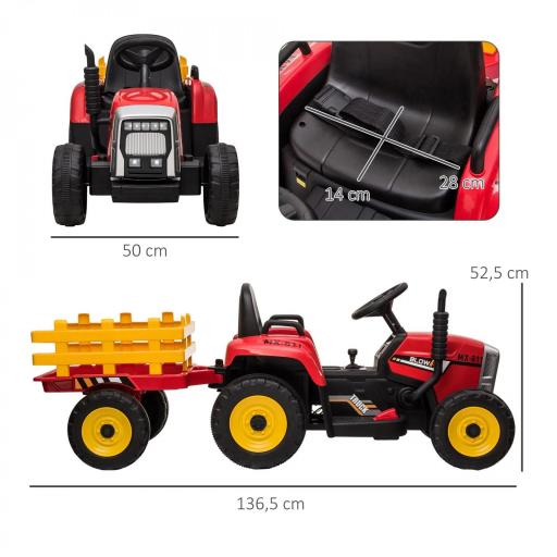 Tractor Eléctrico con Remolque para Niños 3-6 Años con Control Remoto y Cinturón de Seguridad 136,5x50x52,5 cm Rojo [1]