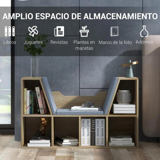 Librería con Asiento Estantería de Libros con 6 Cubos Cojín para Sala de Estar Dormitorio 102x30x61cm Roble y Gris [2]