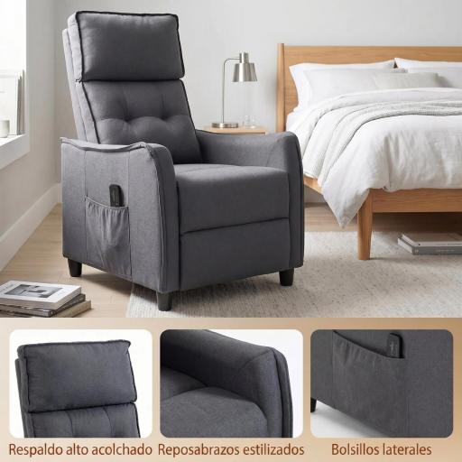 Sillón de Masaje Reclinable con Reposapiés 2 Zonas de Masaje Asiento de Muelles Bolsillos Tapizado en Lino Gris [7]
