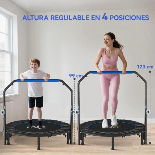 Trampolín de Fitness Adultos Ø122 cm, Cama Elástica Plegable con Mango Ajustable de 4 Niveles Negro y Azul [2]