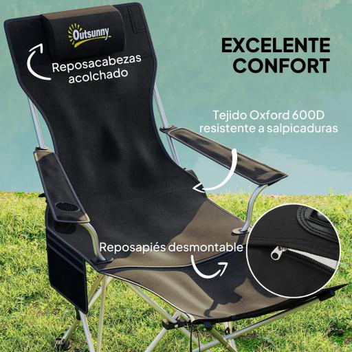 Conjunto de 2 Sillas Plegables Camping con Reposapiés Desmontable Reposacabezas Portavasos y Bolsa 125x48x90 cm Negro [2]
