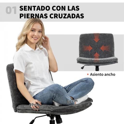 Silla de Oficina con Asiento Ancho sin Reposabrazos Ruedas Altura Ajustable Giratoria Función Basculante Gris [6]