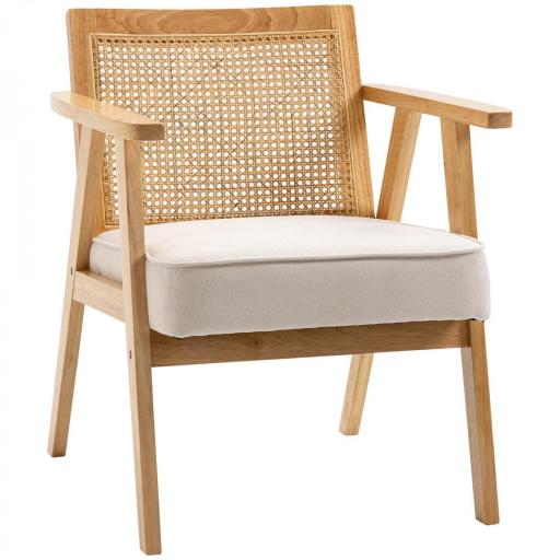 Sillón de Salón con Reposabrazos Respaldo de Ratán y Marco de Madera de Caucho Carga 120 kg Natural y Beige [9]