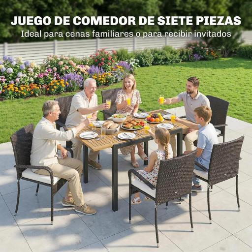 Conjunto de Mesa y Sillas Jardín de Ratán 7 Piezas con Mesa Extensible con Tablero Madera y 6 Sillas Apilables Cojines [5]