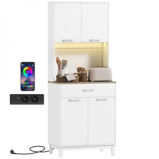 Alacena de Cocina con Luces LED Estación de Carga 4 Puertas Cajón Encimera Abierta 71x40x180 cm Blanco [8]