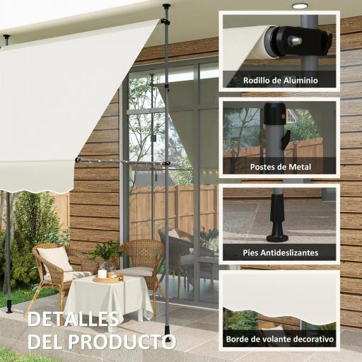 Toldo Manual Retráctil 200x120x210-310 cm para Balcón y Terraza con Altura Ajustable con Manivela Crema [6]