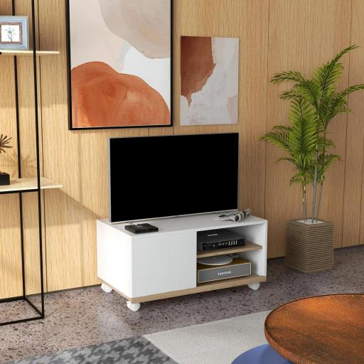 Mueble TV con Ruedas Mueble de Salón Mesa para Televisores de 42" con Puerta y 2 Estantes 80x45x39,5 cm Blanco [3]