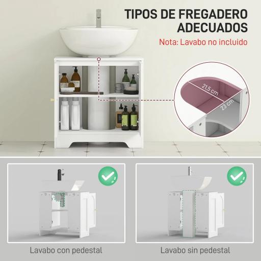 Mueble bajo Lavabo con 2 Puertas con Diseño de Arco Estante Ajustable Tiradores Dorados 60x30x65 cm Blanco [4]