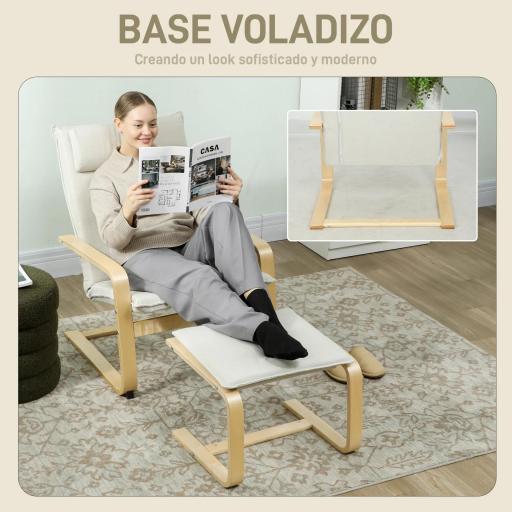 Sillón con Reposapiés Sillón Lectura con Respaldo Alto Reposacabezas Extraíble Patas de Madera y Tapizado en Lino Crema [5]
