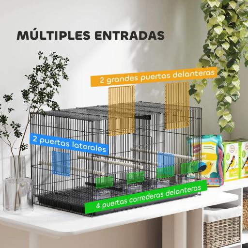 Jaula para Pájaros con Divisor 4 Comederos 4 Perchas Bandeja Extraíble para Loros Canarios Periquitos 94x57x57 cm Negro [6]