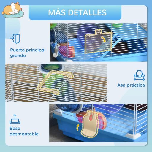 Jaula para Hámster 46x30x37 cm Casa para Hámster con Tubos Comedero Bebedero Rampa Rueda de Ejercicio y Asa Portátil para Interior y Exterior Azul y Blanco [4]
