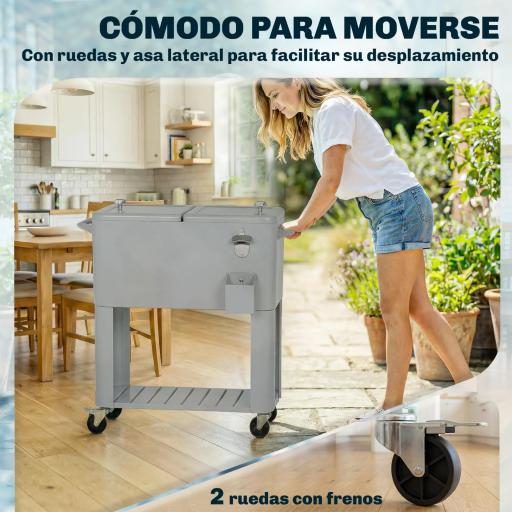 Carrito Nevera de 76L con Ruedas Estante Abrebotellas Recogetapas Drenaje y 2 Asas para Patio Fiesta 92x39x81 cm Plata [3]