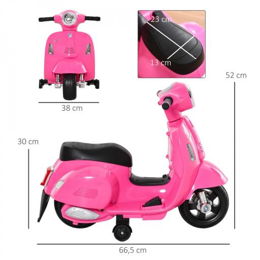 Moto Eléctrica Vespa para Niños de 18-36 Meses Moto de Batería 6V con Faro Bocina y 4 Ruedas 66,5x38x52 cm Rosa [1]