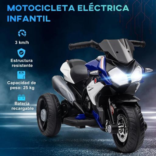 Moto Eléctrica Infantil con 3 Ruedas con Batería 6V Recargable Funciones de Música Bocina Faros 86x42x52 cm Negro y Azul [6]
