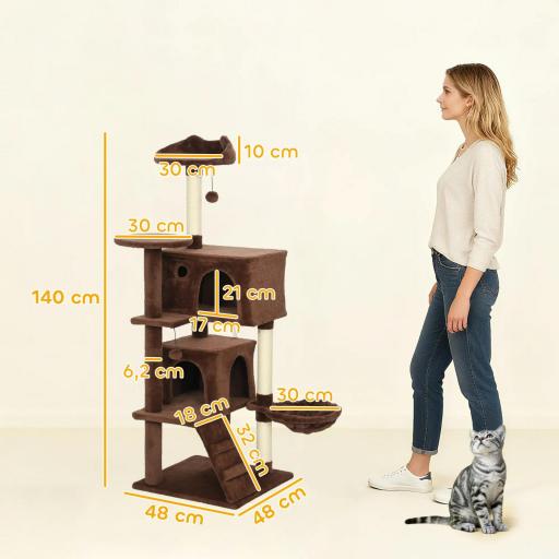 Árbol Rascador para Gatos 140 cm con Plataformas Cama 2 Cuevas Hamaca Escalera Postes de Sisal Marrón [1]
