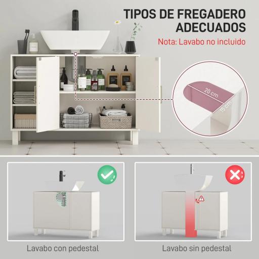 Mueble bajo Lavabo Mueble de Baño Moderno con 2 Puertas y Estantes Ajustables 90x30x63 cm Crema [2]