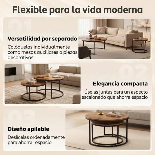 Set de 2 Mesas de Centro Redondas Mesas Nido Industriales con Estructura Metálica para Salón o Dormitorio Marrón [3]