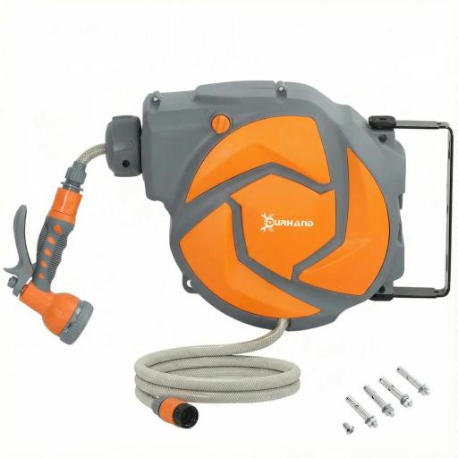 Manguera Retráctil de Pared con Carrete de 10+1 m con Retorno Enrollado Automático y Boquilla de 7 Funciones Gira 180° [8]