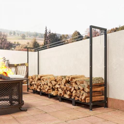 Leñero Exterior Metálico de Chimenea Soporte para Leña con Cubierta Impermeable y Cadenas de Acero 235x31x116 cm Negro [6]