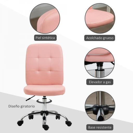 Silla de Oficina sin Brazos Silla de Escritorio Giratorio de Piel Sintética con Altura Ajustable 45x59x90-100 cm Rosa [3]