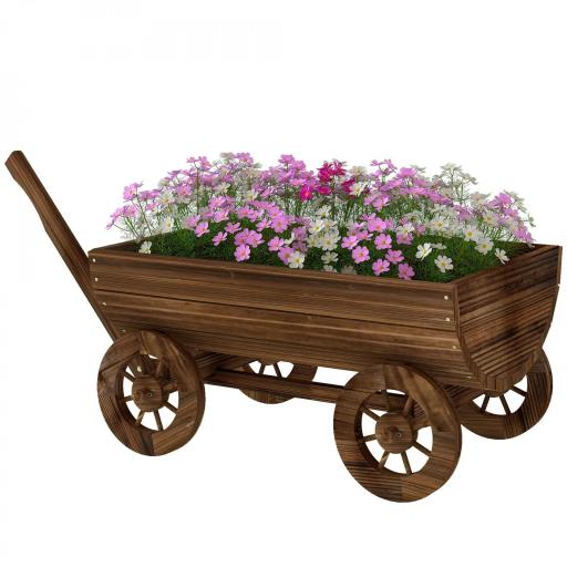 Carrito de Madera con 4 Ruedas y Mango Jardinera Exterior con Orificio de Drenaje 115x40x54,5 cm Carbonizado [8]