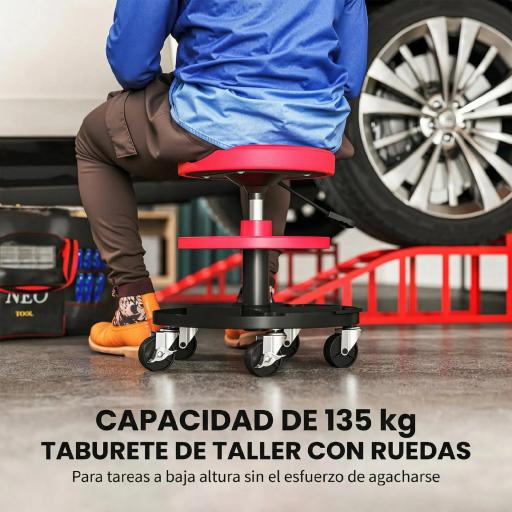 Taburete de Taller Giratorio con Ruedas Altura Ajustable de 40-51 cm y 2 Bandejas Carga 135 kg para Garaje Rojo [4]