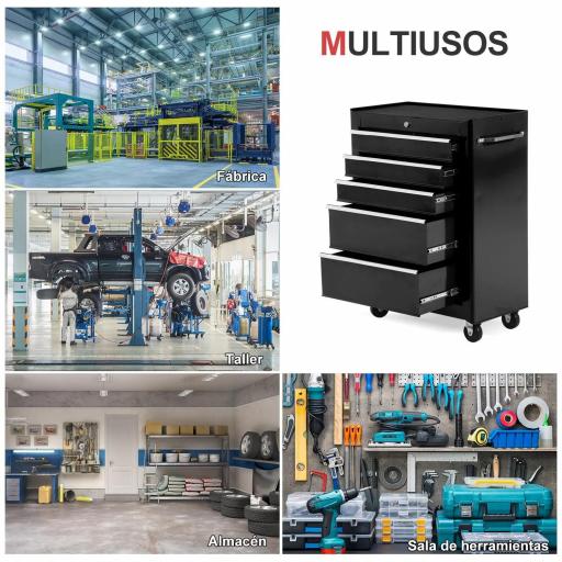 Carro de Herramientas para Taller con Ruedas 5 Cajones Armario con Cierre y Asa Lateral 61,5x33x82,5 cm Negro [5]