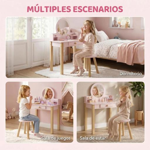 Tocador de Maquillaje Niña Tocador Infantil con Taburete Espejo Cajón y 2 Estantes Abiertos para Niños 3 a 6 Años Rosa [3]