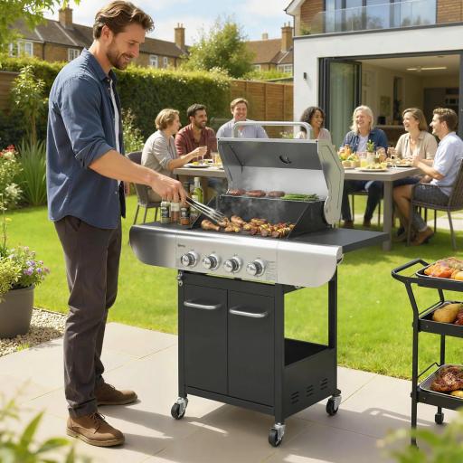 Barbacoa de Gas con 4 Quemadores 12,8 kW Termómetro Parrillas de Hierro Fundido Mesas Laterales Armario y Ruedas Negro [0]