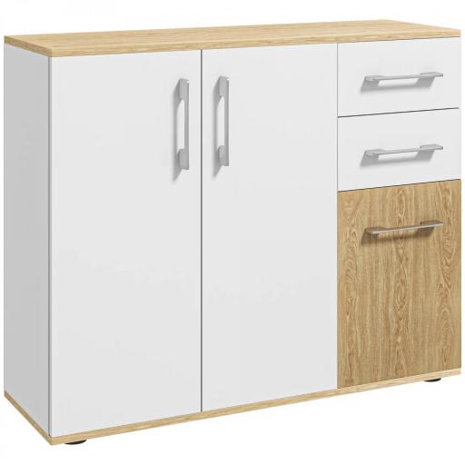 Aparador de Cocina con 2 Cajones 2 Armarios y Estantes Ajustables para Comedor 90x30x75,5 cm Blanco y Natural [5]