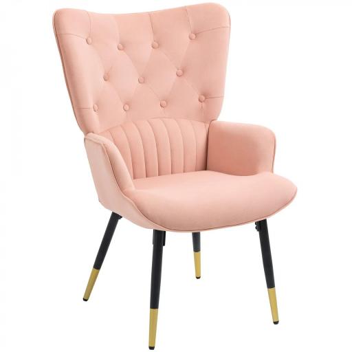 Butaca de Salón Sillón Individual Tapizado en Terciopelo con Respaldo Alto Estilo Moderno 68x72x103 cm Rosa [8]