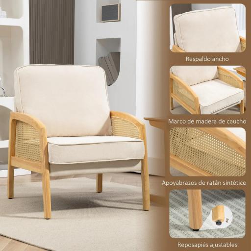 Butaca de Estilo Moderno con Apoyabrazos de Ratán Sintético Asiento de Espuma y Cojín Extraíble 67x75x88 cm Beige [4]