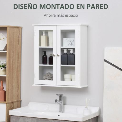 Armario de Pared Baño de 2 Puertas de Cristal Armario Colgante Multiusos para Cocina Salón con Estantes Interiores y Balda Ajustable 55x20x65 cm Blanco  [4]
