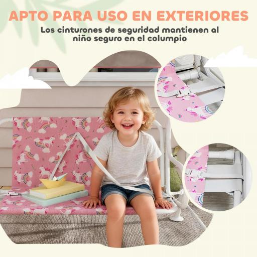 Columpio Jardín Exterior para niños 2 Plazas Toldo Ajustable Cinturones de Seguridad Diseño de Unicornio Arcoíris Rosa [3]