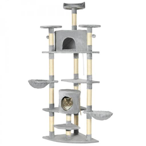 Árbol Rascador para Gatos 200 cm Torre para Gatos con 2 Cuevas 2 Hamacas Cama Postes de Sisal 60x60x200 cm Gris [10]