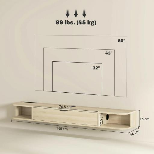 Mueble de TV Suspendido con Cajón Abatible 2 Estantes Abiertos Gestión de Cables 140x24x16 cm Madera Natural [1]