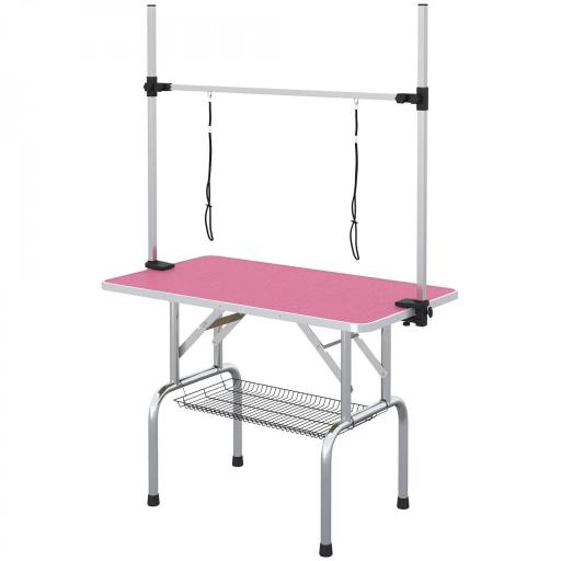 Mesa de Peluquería Canina Plegable con Cesta Metálica Barra de Acero Inoxidable Ajustable 107x60x164 cm Rosa [9]