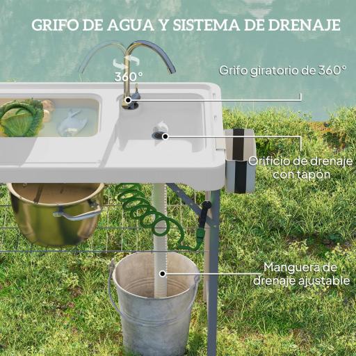 Mesa Plegable para Camping con 2 Fregaderos Manguera de Drenaje Estación de Limpieza y Grifo Blanco [4]