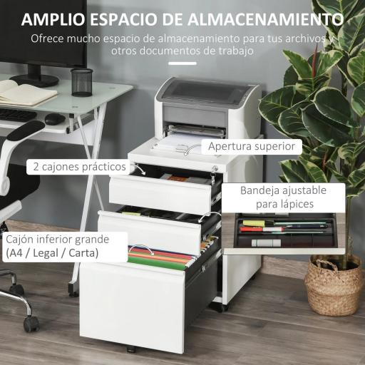 Cajonera de Oficina con Ruedas Mueble con Cerradura 2 Cajones y 1 Archivador para Tamaño A4 Carta 39x48x60 cm Blanco [2]