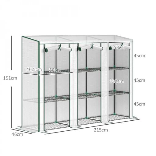Invernadero de Exterior de 3 Niveles con Puerta Enrollable con Cremallera 9 Estantes Cubierta de PE 215x46x151cm Blanco [1]