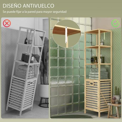 Estantería de Almacenaje Mueble de Baño con 3 Estantes y 1 Cesto para Ropa Sucia Desmontable 44x33x160 cm Natural [7]