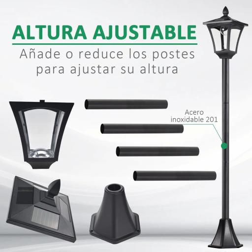 Farola Solar para Jardín con Panel Solar Encendido Automático y Marco de Acero Inoxidable 18x18x160 cm Negro [2]