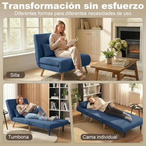 Sofá Cama Individual Plegable con Respaldo Ajustable 5 Posiciones Sillón Cama Tapizado con Cojín 72x75x85 cm Azul [2]