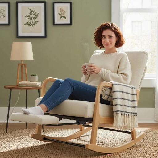 Silla Mecedora Nórdica con Reposapiés Respaldo Ajustable Mecedora de Pana Patas de Madera y Reposabrazos Cojín Crema [7]