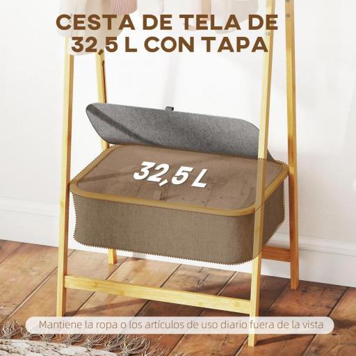 Burro para Ropa Plegable de Bambú con Cesta de Tela con Tapa para Recibidor Entrada Dormitorio 60x44,5x157,5 cm Gris [3]