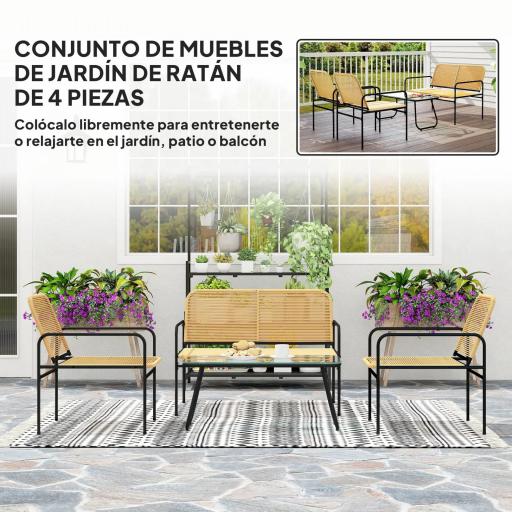 Conjunto de Muebles Jardín Exterior de Ratán de 4 Piezas con Sofá Sillones y Mesa de Tablero de Vidrio Natural [3]