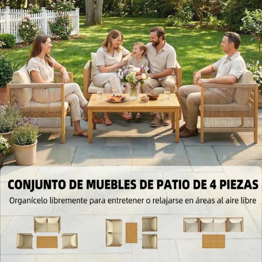 Conjunto de Muebles de Jardín de 4 Piezas con Sofá 2 Plazas 2 Sillones Mesa de Madera Cojines y Cuerda PP Beige [7]