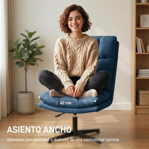 Butaca de Salón Giratorio 360° Altura Ajustable Asiento Ancho Tapizado en Lino Base de Metal Azul Oscuro [2]