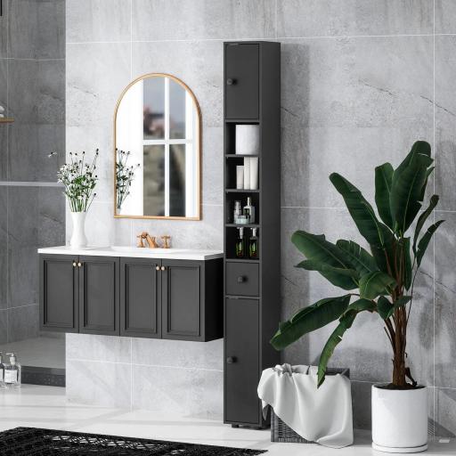 Armario de Baño Alto Columna de Baño Estrecha con 1 Cajón 4 Estantes Abiertos y Estantes Ajustables 20x20x180 cm Negro [5]